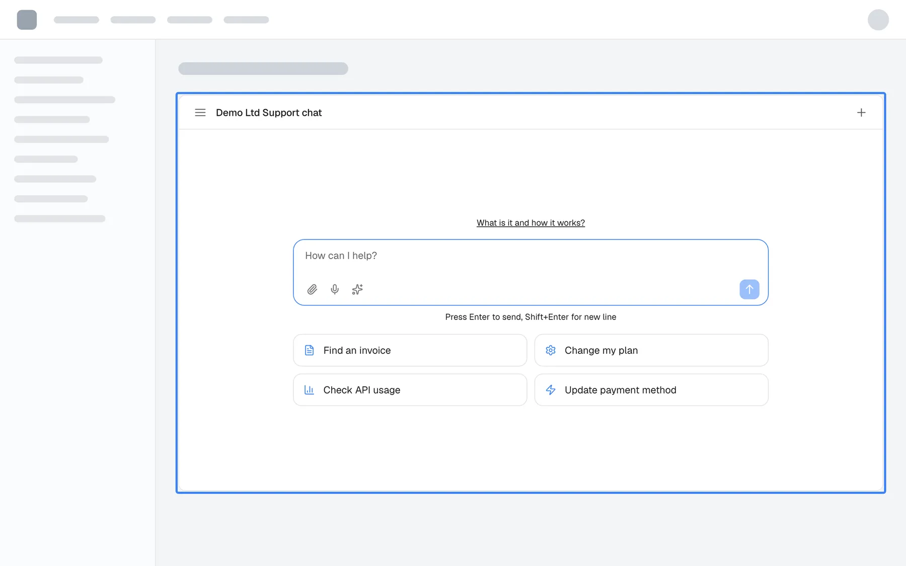 The provider's product with the assistant built into the page itself, highlighted, filling a large box below the page heading. Its top bar shows the menu icon, the title "Demo Ltd Support chat" and a plus icon. Because the box is wide, the message box "How can I help?" sits in the middle with the hint "Press Enter to send, Shift+Enter for new line", and the four shortcut cards "Find an invoice", "Change my plan", "Check API usage" and "Update payment method" are arranged in two columns below it.