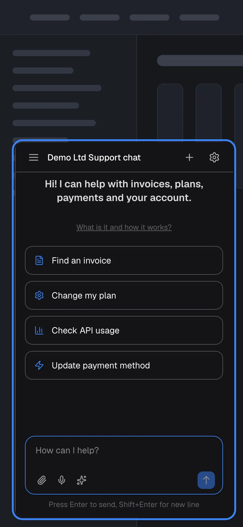 The provider's product on a phone-sized screen with the assistant open, highlighted. There is no separate mobile layout: the window simply shrinks to fit, leaving a margin around it, and shows the title "Demo Ltd Support chat", the welcome text, the link "What is it and how it works?", four shortcut cards and the message box "How can I help?". The grey page is still visible behind the window's edges.