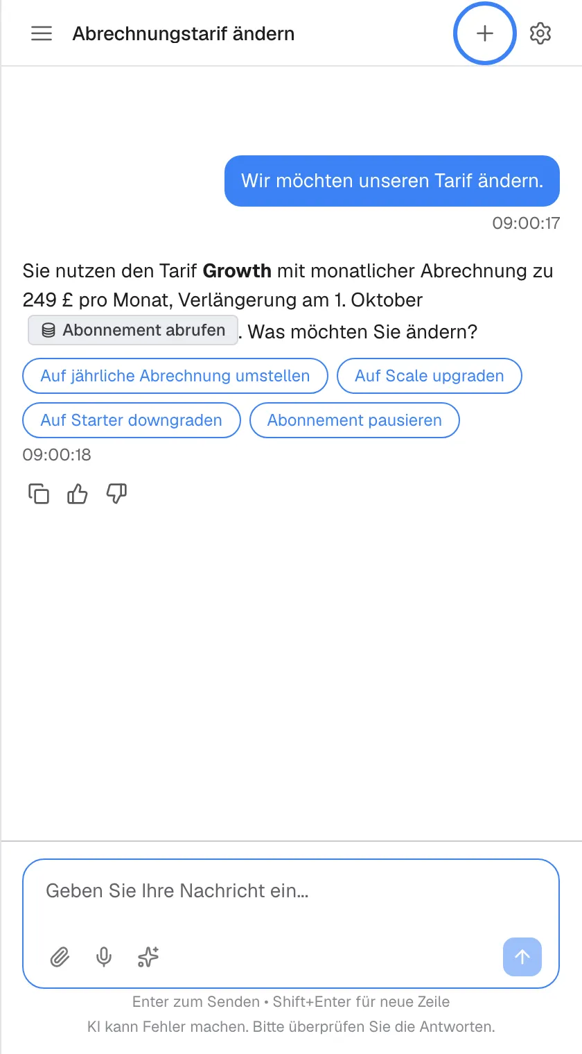 Ein offener Chat mit dem Titel „Abrechnungstarif ändern“, mit der Antwort des Assistenten zum Tarif Growth und vier Antwortoptionen. In der Kopfzeile ist zwischen Titel und Zahnrad das Plus-Symbol „Neuer Chat“ hervorgehoben. Ein Klick darauf führt zurück zum Startbildschirm für eine neue Unterhaltung; dieser Chat bleibt in Ihrem Verlauf.