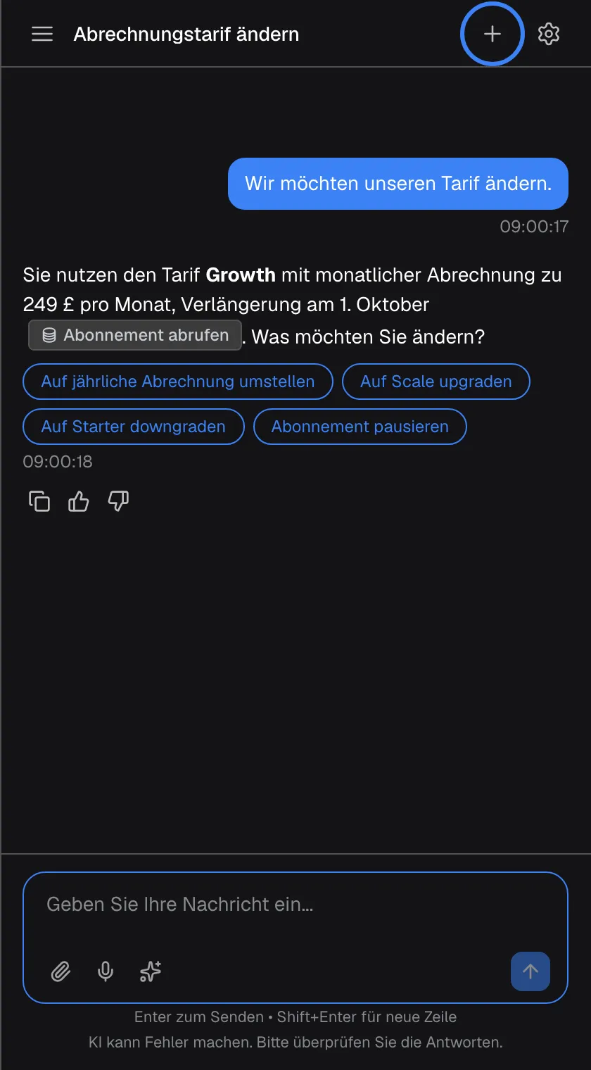 Ein offener Chat mit dem Titel „Abrechnungstarif ändern“, mit der Antwort des Assistenten zum Tarif Growth und vier Antwortoptionen. In der Kopfzeile ist zwischen Titel und Zahnrad das Plus-Symbol „Neuer Chat“ hervorgehoben. Ein Klick darauf führt zurück zum Startbildschirm für eine neue Unterhaltung; dieser Chat bleibt in Ihrem Verlauf.