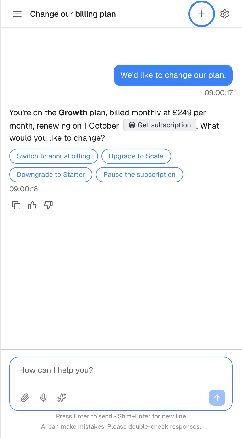 An open chat titled "Change our billing plan", with the assistant's answer about the Growth plan and four option buttons. In the top bar, between the title and the gear icon, the plus icon "New Chat" is highlighted. Selecting it returns to the welcome screen for a fresh conversation; this chat stays in your history.