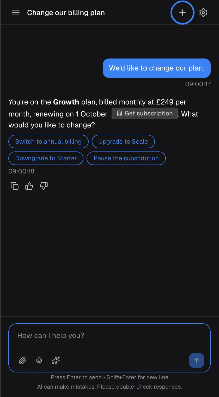 An open chat titled "Change our billing plan", with the assistant's answer about the Growth plan and four option buttons. In the top bar, between the title and the gear icon, the plus icon "New Chat" is highlighted. Selecting it returns to the welcome screen for a fresh conversation; this chat stays in your history.